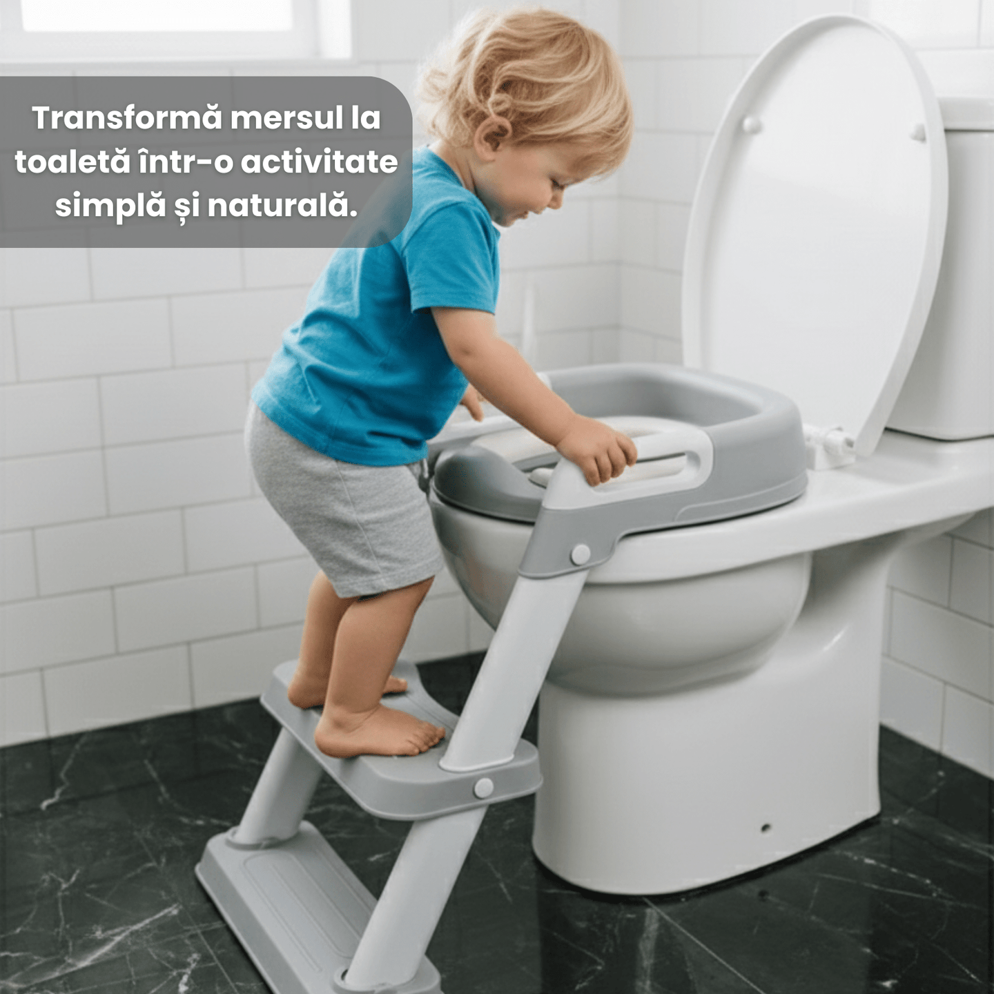Reductor WC copii cu scarita HASEPE, pliabil, cu trepte si manere antiderapante, sezut moale PU pentru confort sporit, sigur si usor de depozitat - HASEPE