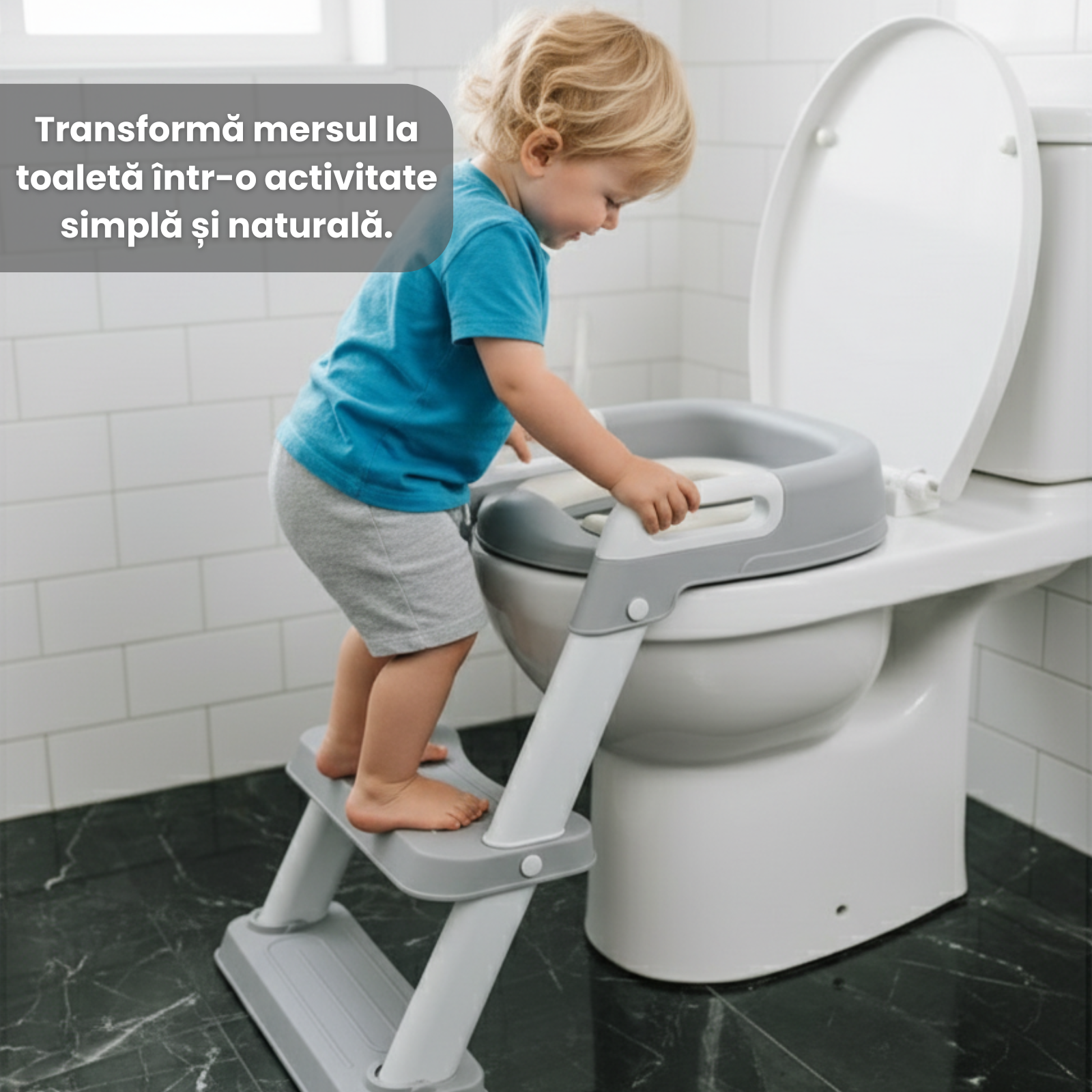Reductor WC copii cu scarita HASEPE, pliabil, cu trepte si manere antiderapante, sezut moale PU pentru confort sporit, sigur si usor de depozitat