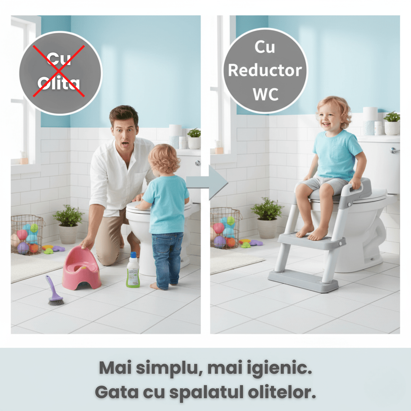 Reductor WC copii cu scarita HASEPE, pliabil, cu trepte si manere antiderapante, sezut moale PU pentru confort sporit, sigur si usor de depozitat - HASEPE