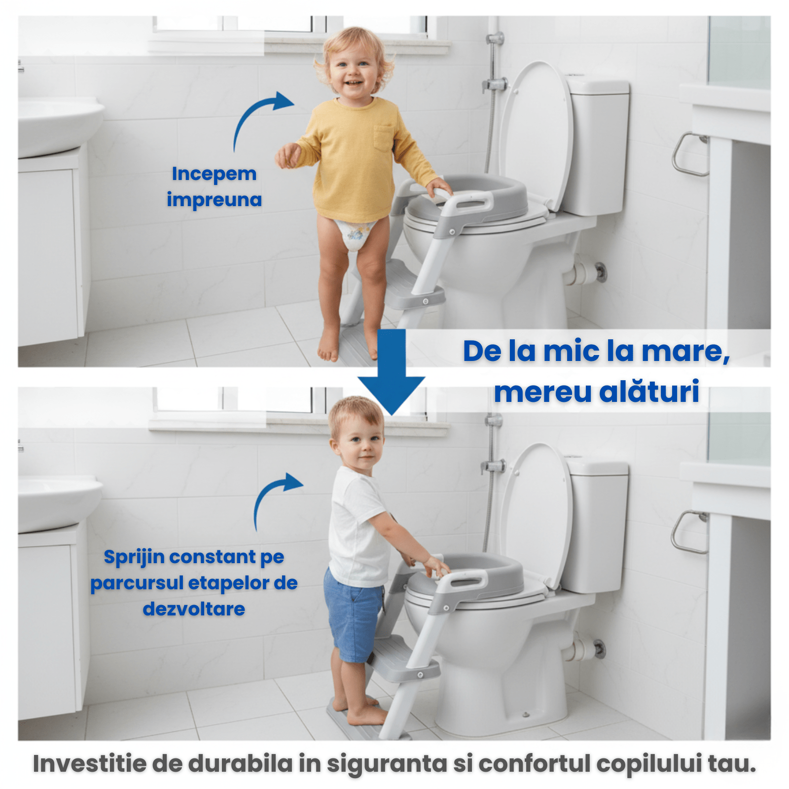Reductor WC copii cu scarita HASEPE, pliabil, cu trepte si manere antiderapante, sezut moale PU pentru confort sporit, sigur si usor de depozitat - HASEPE