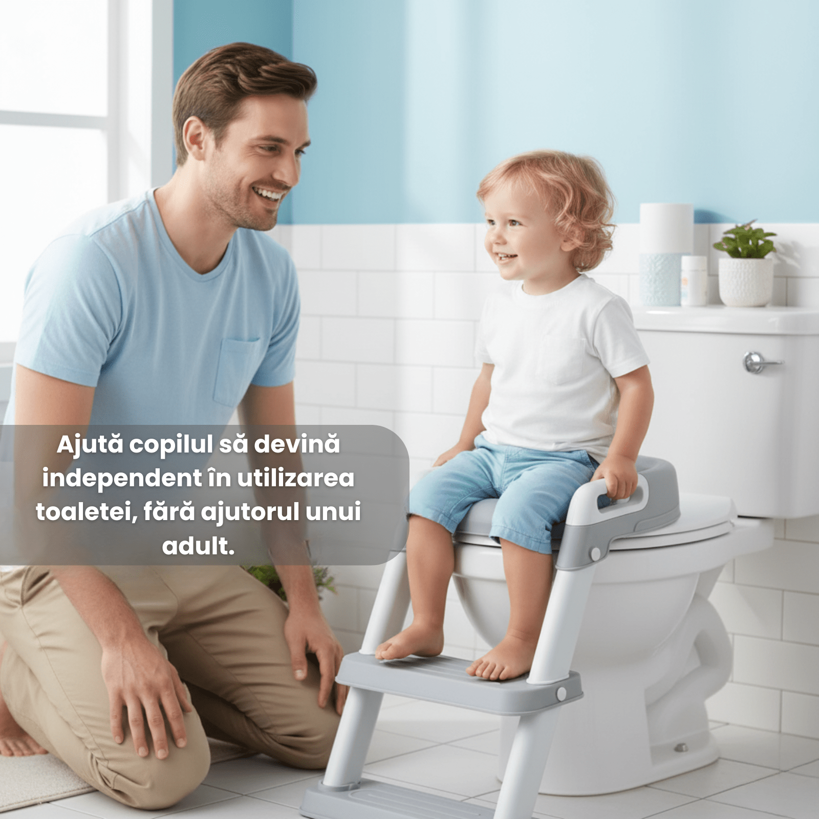 Reductor WC copii cu scarita HASEPE, pliabil, cu trepte si manere antiderapante, sezut moale PU pentru confort sporit, sigur si usor de depozitat - HASEPE