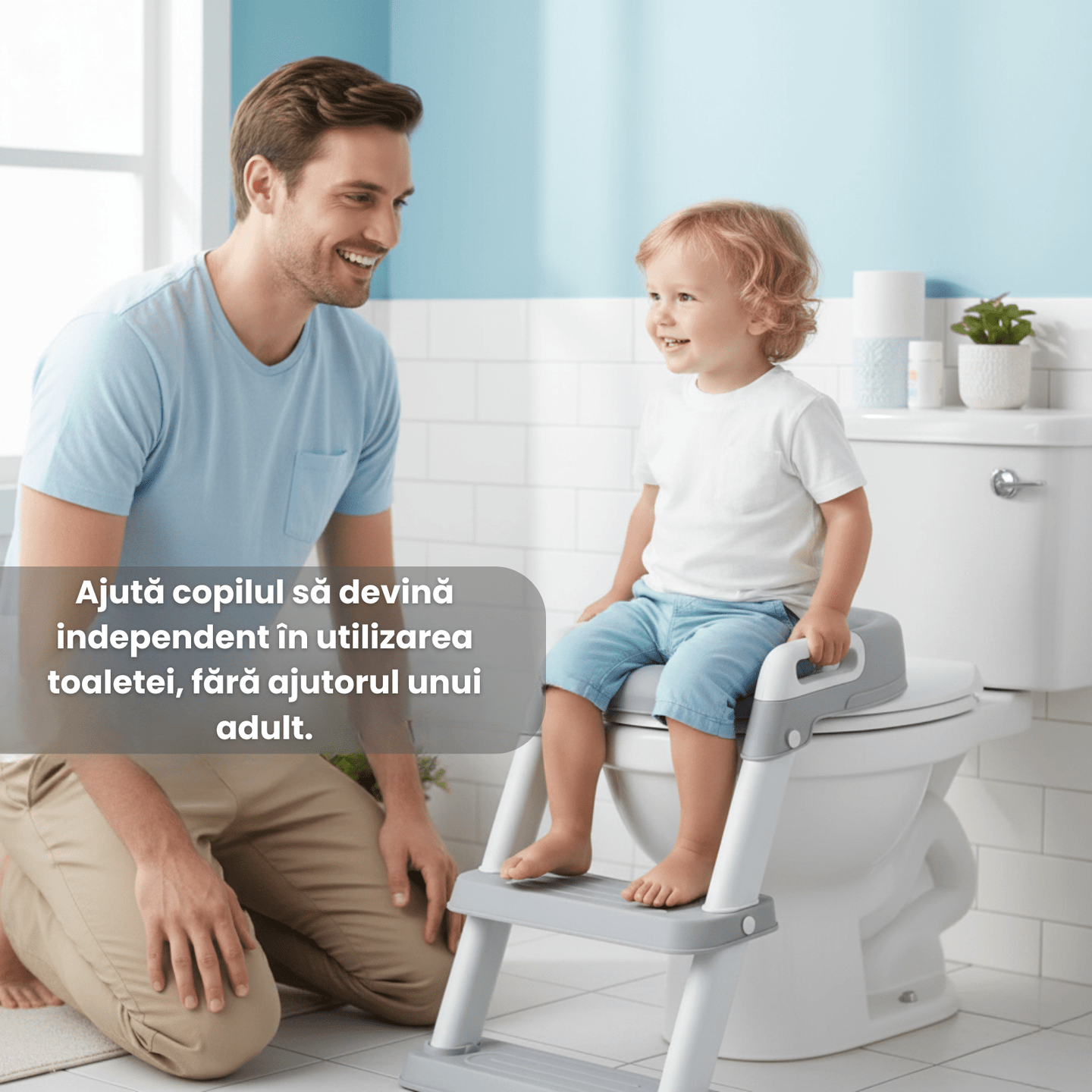 Reductor WC copii cu scarita HASEPE, pliabil, cu trepte si manere antiderapante, sezut moale PU pentru confort sporit, sigur si usor de depozitat - HASEPE