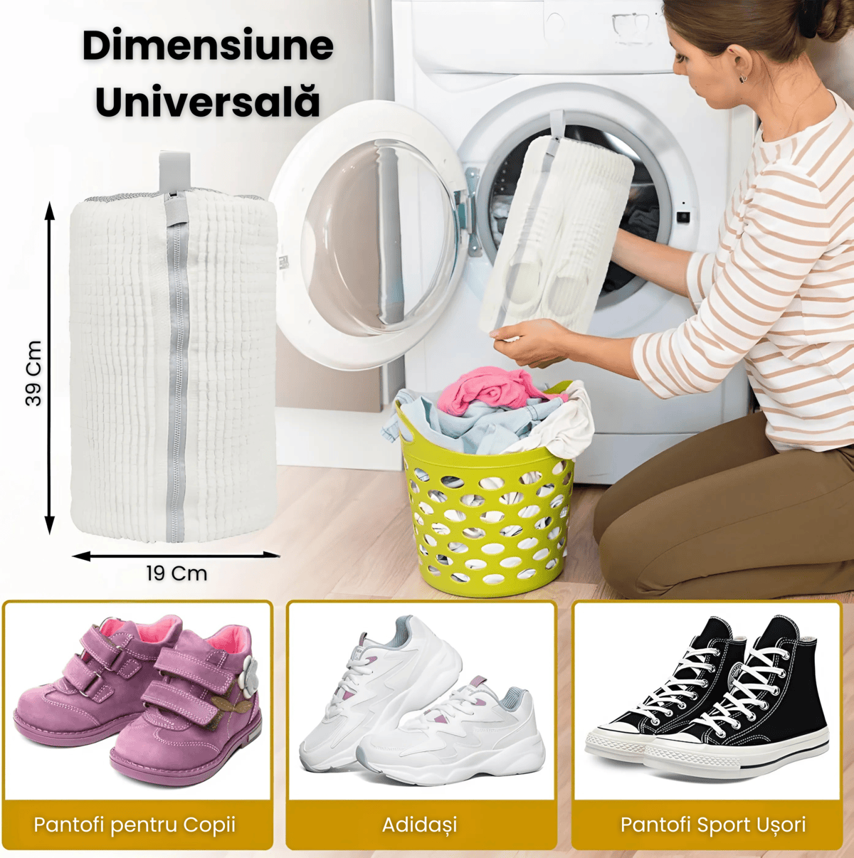 Sac Spalat Incaltaminte HASEPE, Protectie Pantofi in Masina de Spalat, Fibra Moale, Material Rezistent, Fermoar Premium, 39x19 cm, Alb - HASEPE
