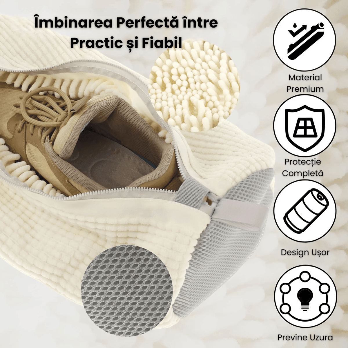 Sac Spalat Incaltaminte HASEPE, Protectie Pantofi in Masina de Spalat, Fibra Moale, Material Rezistent, Fermoar Premium, 39x19 cm, Alb - HASEPE