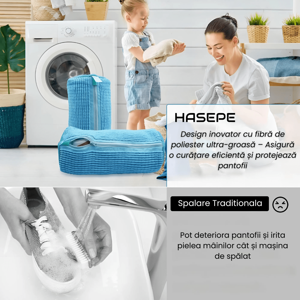 Sac Spalat Incaltaminte HASEPE pentru Masina de Spalat, Protectie Pantofi, Fibra Moale, Material Rezistent, Fermoar Premium, 39x19 cm, Albastru - HASEPE