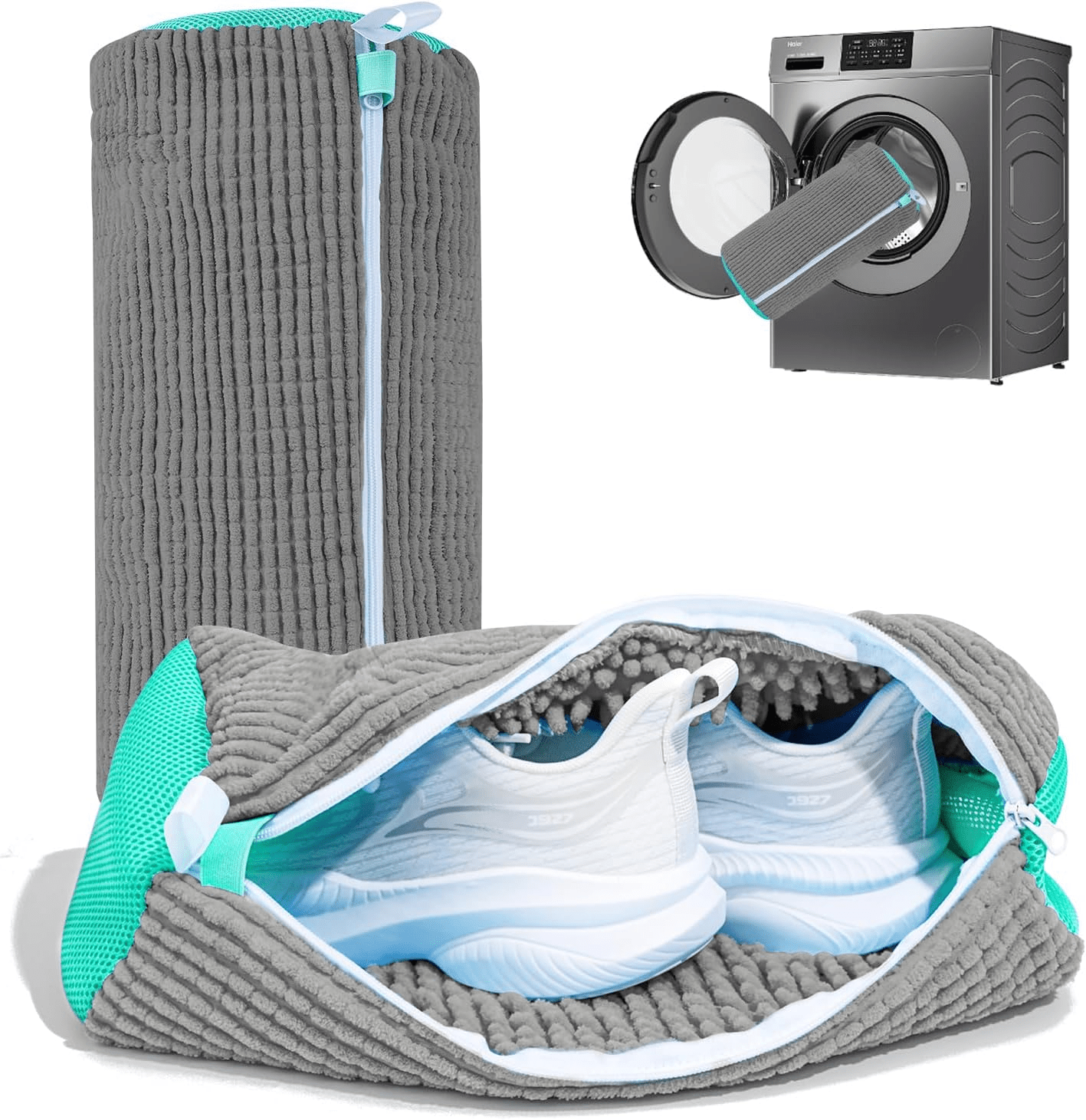 Sac Spalat Incaltaminte HASEPE pentru Masina de Spalat, Protectie Pantofi, Fibra Moale, Material Rezistent, Fermoar Premium, 39x19 cm, Gri - HASEPE