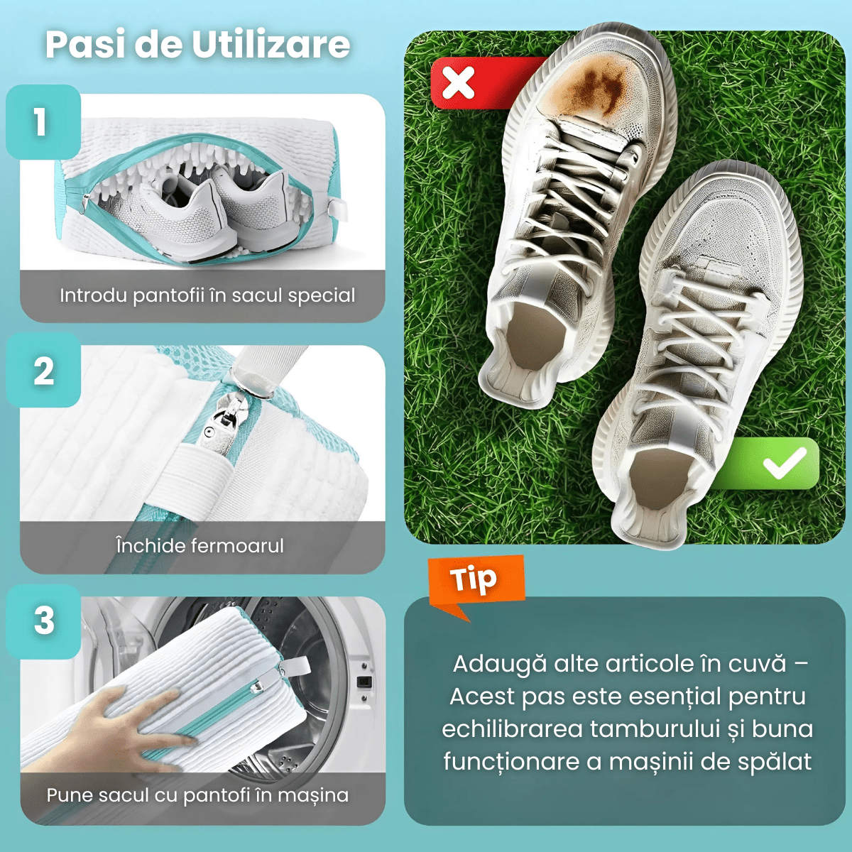 Sac Spalat Incaltaminte HASEPE pentru Masina de Spalat, Protectie Pantofi, Fibra Moale, Material Rezistent, Fermoar Premium, 39x19 cm, Alb/Albastru - HASEPE
