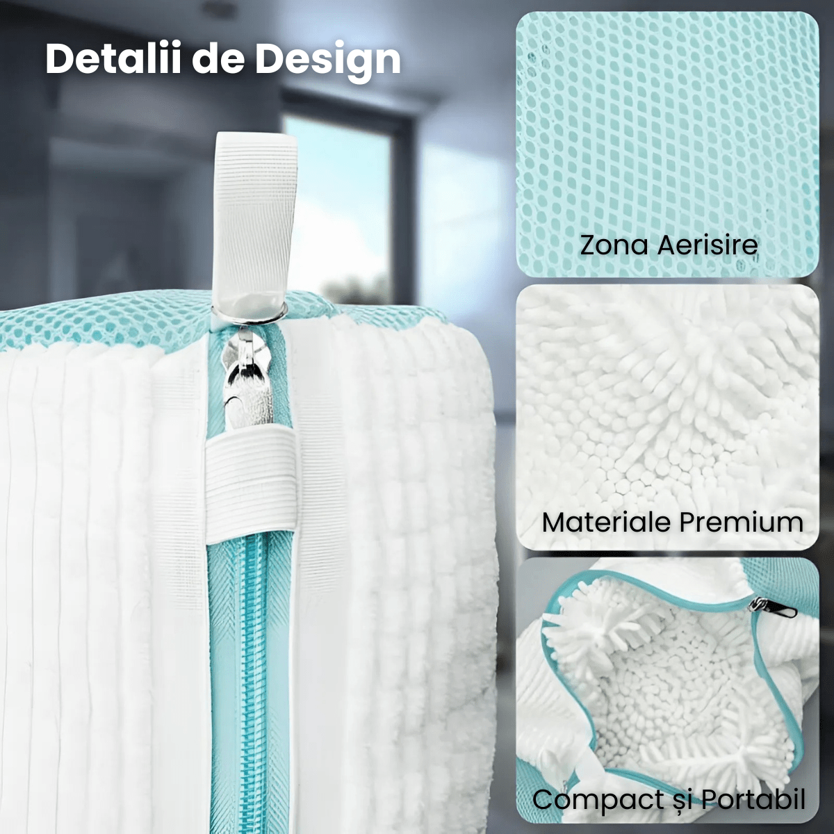 Sac Spalat Incaltaminte HASEPE pentru Masina de Spalat, Protectie Pantofi, Fibra Moale, Material Rezistent, Fermoar Premium, 39x19 cm, Alb/Albastru - HASEPE