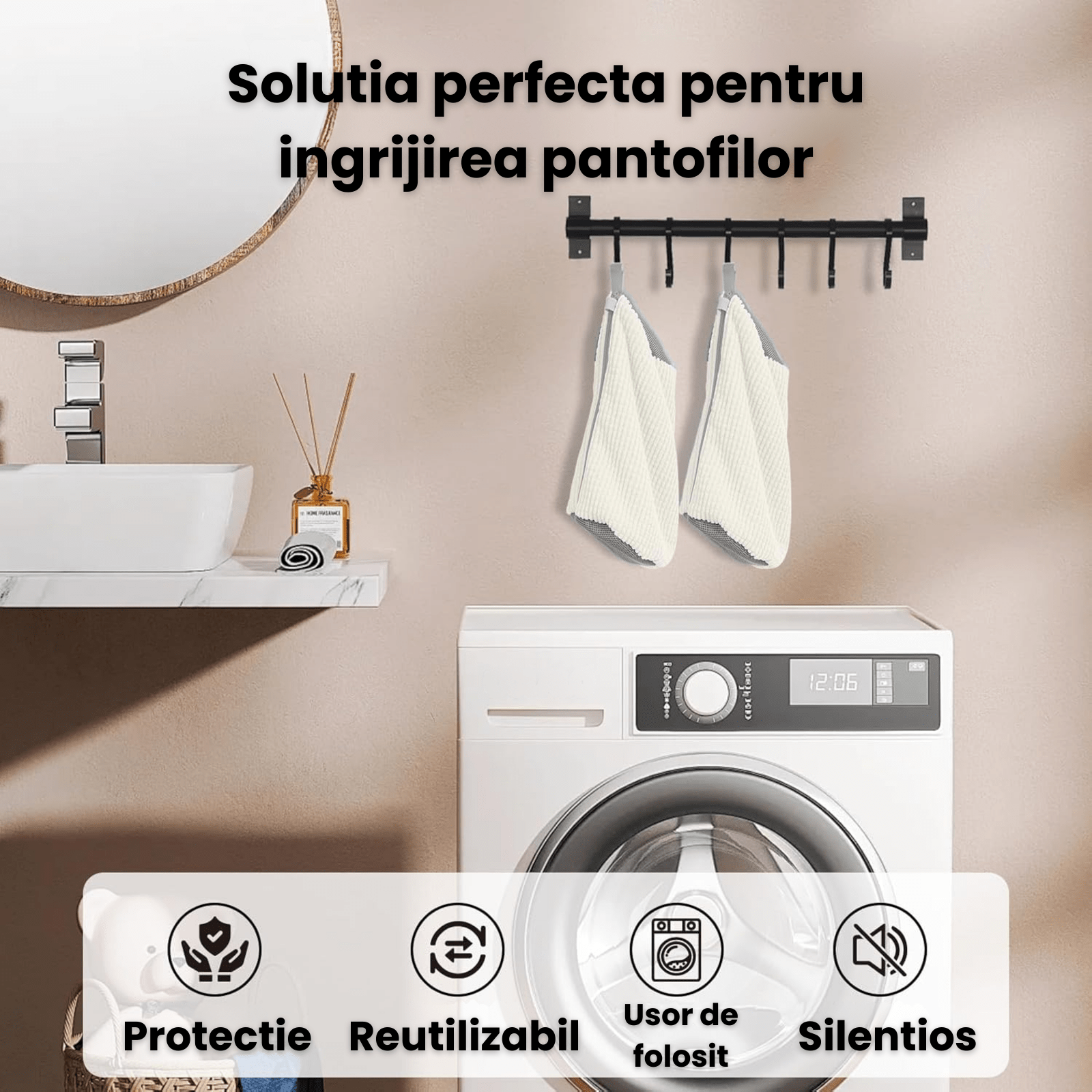 Sac Spalat Incaltaminte HASEPE pentru Masina de Spalat, Protectie Pantofi, Fibra Moale, Material Rezistent, Fermoar Premium, 39x19 cm, Alb/Gri - HASEPE