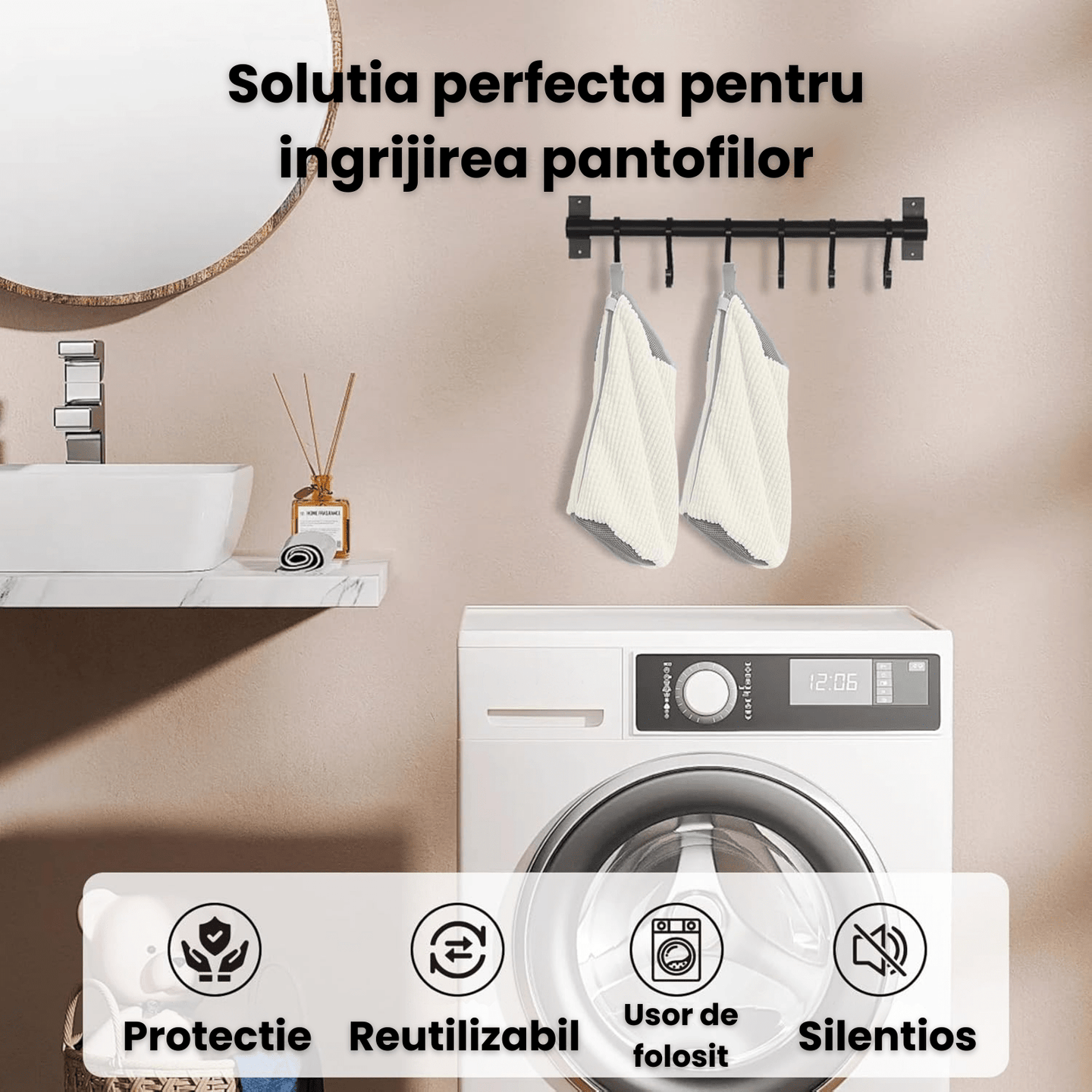 Sac Spalat Incaltaminte HASEPE pentru Masina de Spalat, Protectie Pantofi, Fibra Moale, Material Rezistent, Fermoar Premium, 39x19 cm, Alb/Gri - HASEPE