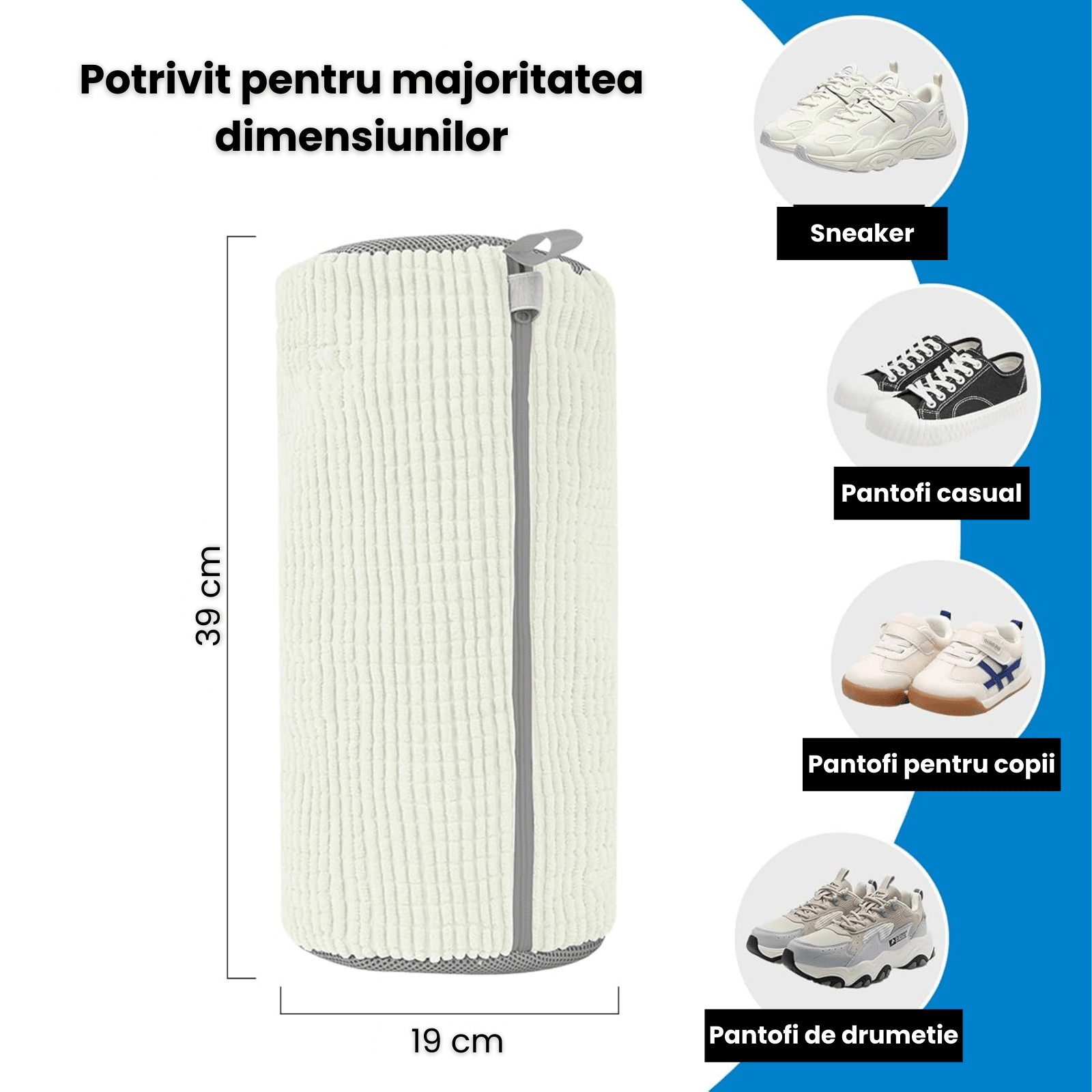 Sac Spalat Incaltaminte HASEPE pentru Masina de Spalat, Protectie Pantofi, Fibra Moale, Material Rezistent, Fermoar Premium, 39x19 cm, Alb/Gri - HASEPE