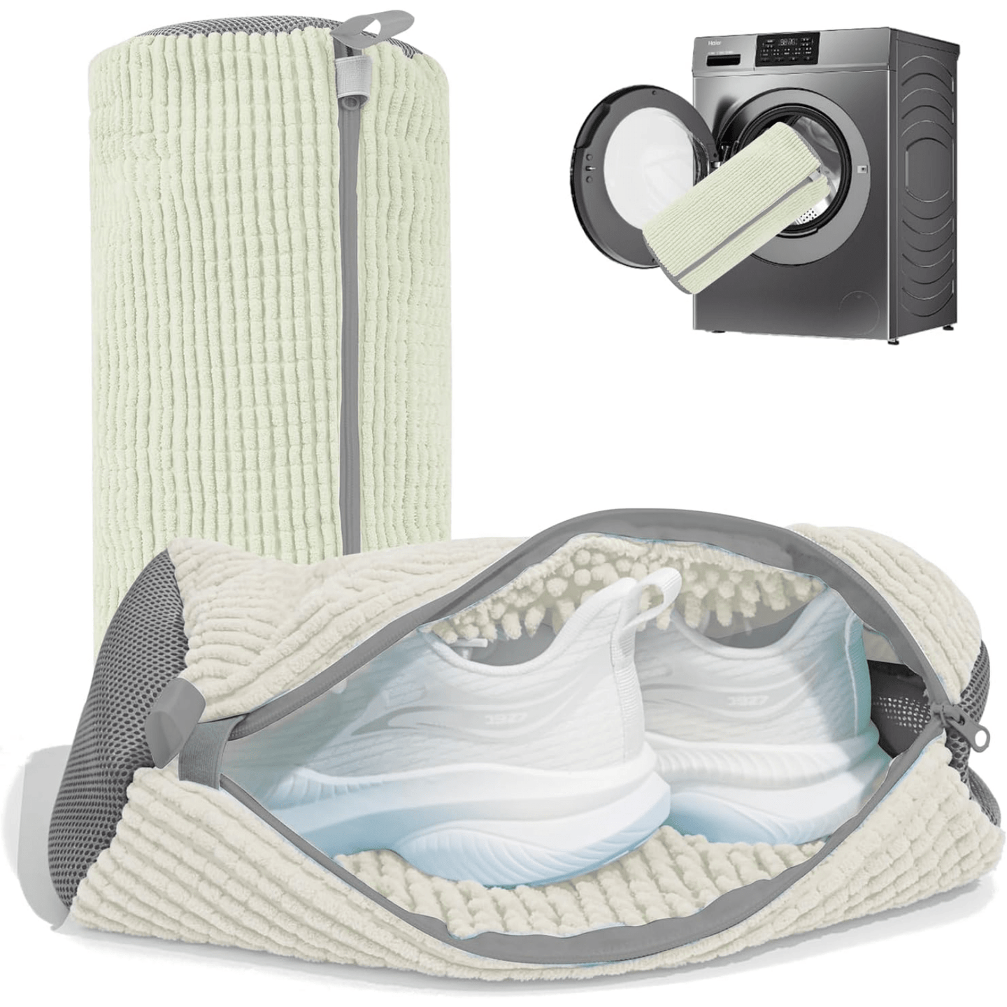 Sac Spalat Incaltaminte HASEPE pentru Masina de Spalat, Protectie Pantofi, Fibra Moale, Material Rezistent, Fermoar Premium, 39x19 cm, Alb/Gri - HASEPE
