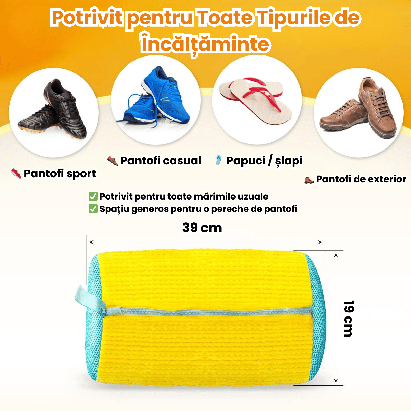 Sac Spalat Incaltaminte HASEPE pentru Masina de Spalat, Protectie Pantofi, Fibra Moale, Material Rezistent, Fermoar Premium, 39x19 cm, Galben/Albastru