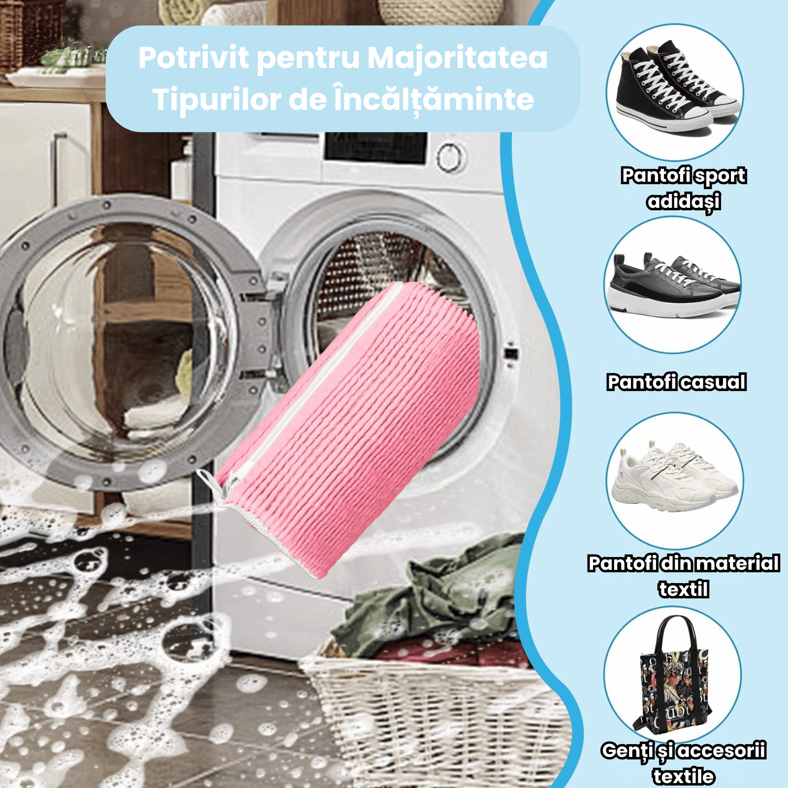 Sac Spalat Incaltaminte HASEPE pentru Masina de Spalat, Protectie Pantofi, Fibra Moale, Material Rezistent, Fermoar Premium, 39x19 cm, Roz - HASEPE