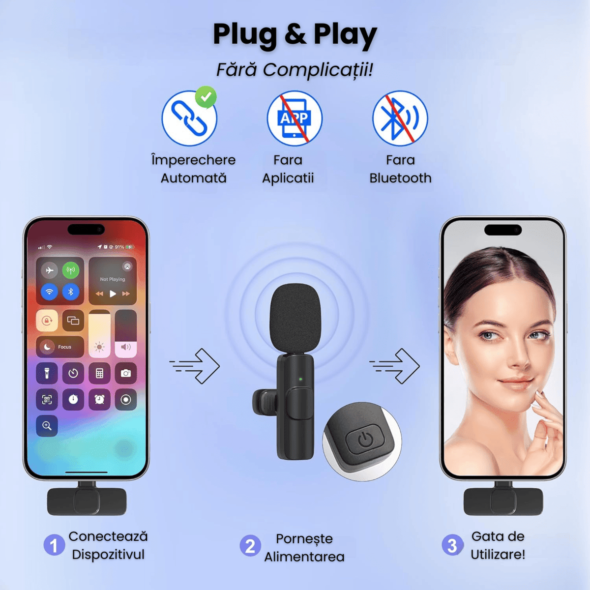 Set 2 Microfoane Lavaliera Wireless Profesionale HASEPE, Compatibile iPhone, Android, Laptop, Tableta, Reducere Zgomot, Type C, Lightning, Jack, Reincarcabile, Live Streaming, 2.4 GHz - HASEPE