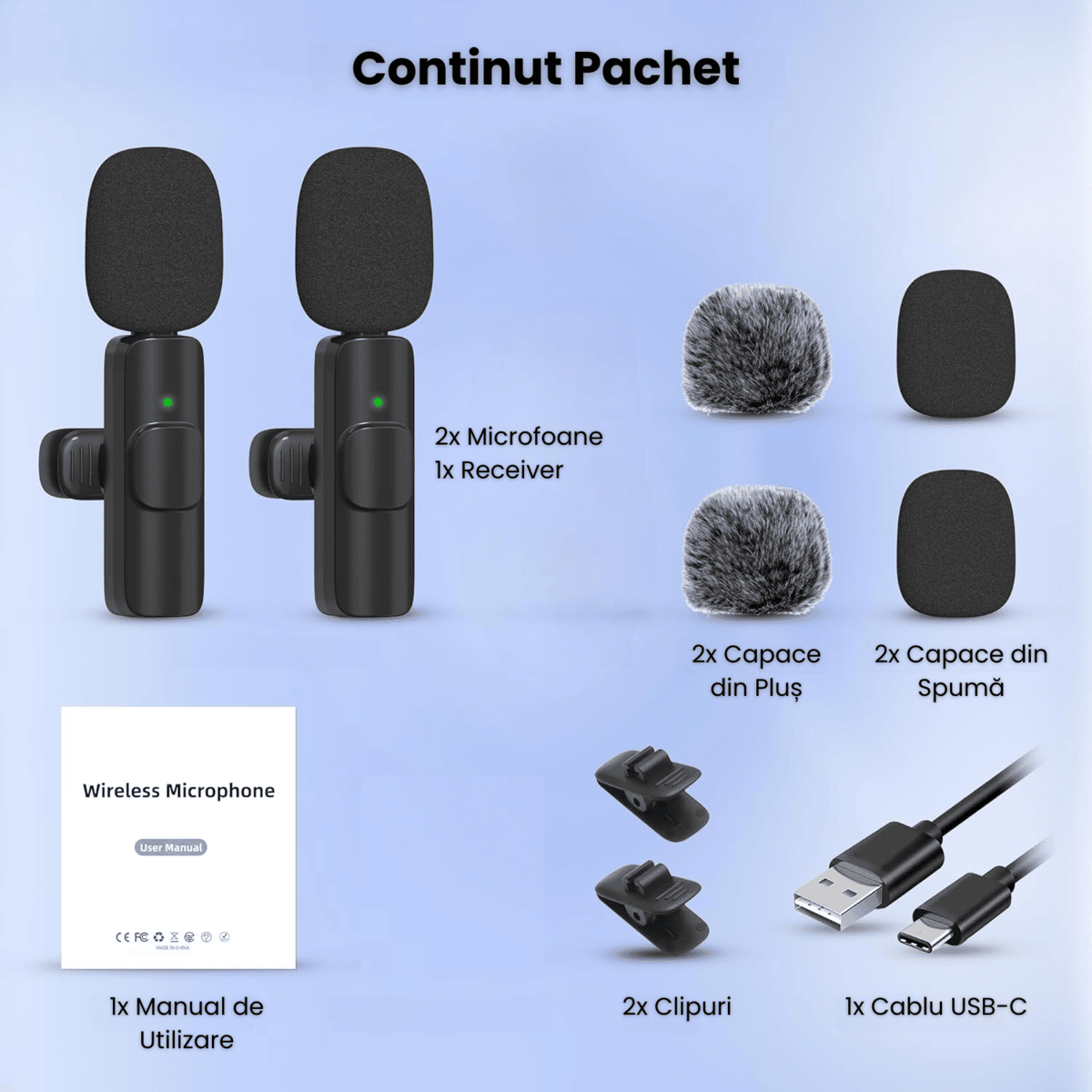 Set 2 Microfoane Lavaliera Wireless Profesionale HASEPE, Compatibile iPhone, Android, Laptop, Tableta, Reducere Zgomot, Type C, Lightning, Jack, Reincarcabile, Live Streaming, 2.4 GHz