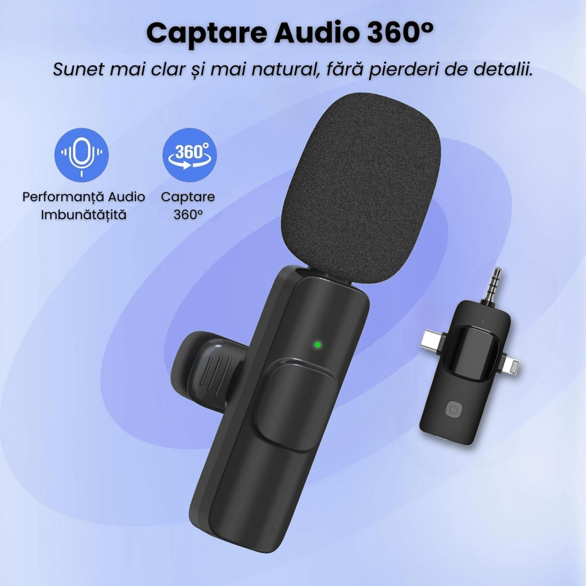 Set 2 Microfoane Lavaliera Wireless Profesionale HASEPE, Compatibile iPhone, Android, Laptop, Tableta, Reducere Zgomot, Type C, Lightning, Jack, Reincarcabile, Live Streaming, 2.4 GHz