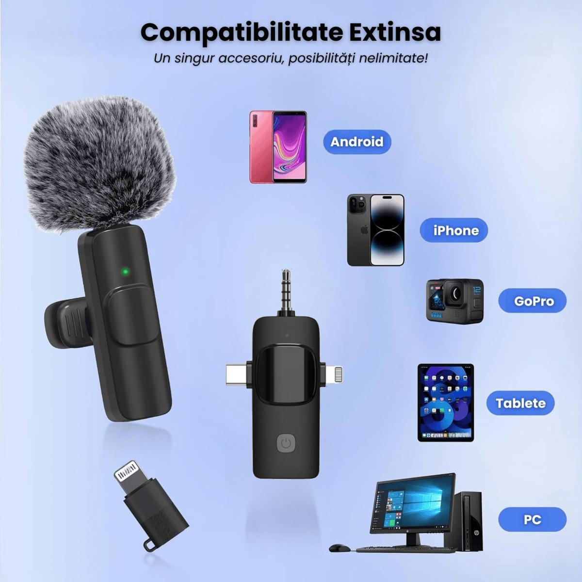 Set 2 Microfoane Lavaliera Wireless Profesionale HASEPE, Compatibile iPhone, Android, Laptop, Tableta, Reducere Zgomot, Type C, Lightning, Jack, Reincarcabile, Live Streaming, 2.4 GHz