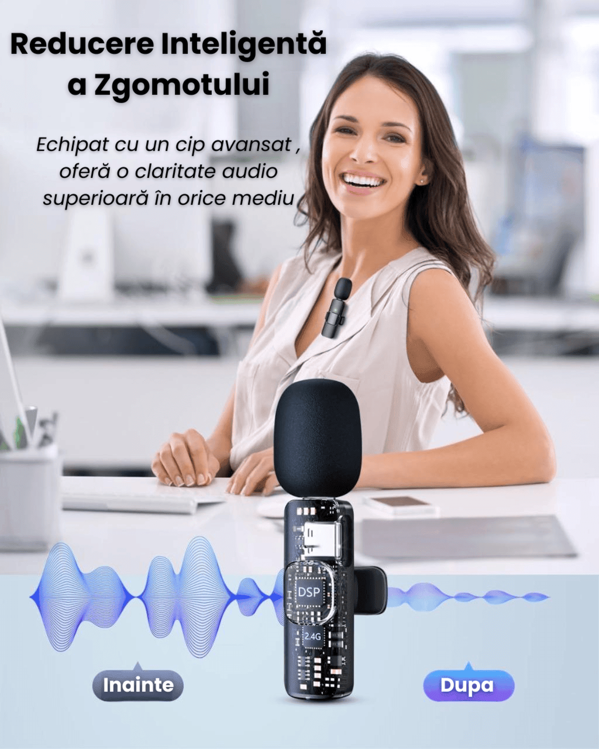 Set 2 Microfoane Lavaliera Wireless Profesionale HASEPE, Compatibile iPhone, Android, Laptop, Tableta, Reducere Zgomot, Type C, Lightning, Jack, Reincarcabile, Live Streaming, 2.4 GHz - HASEPE
