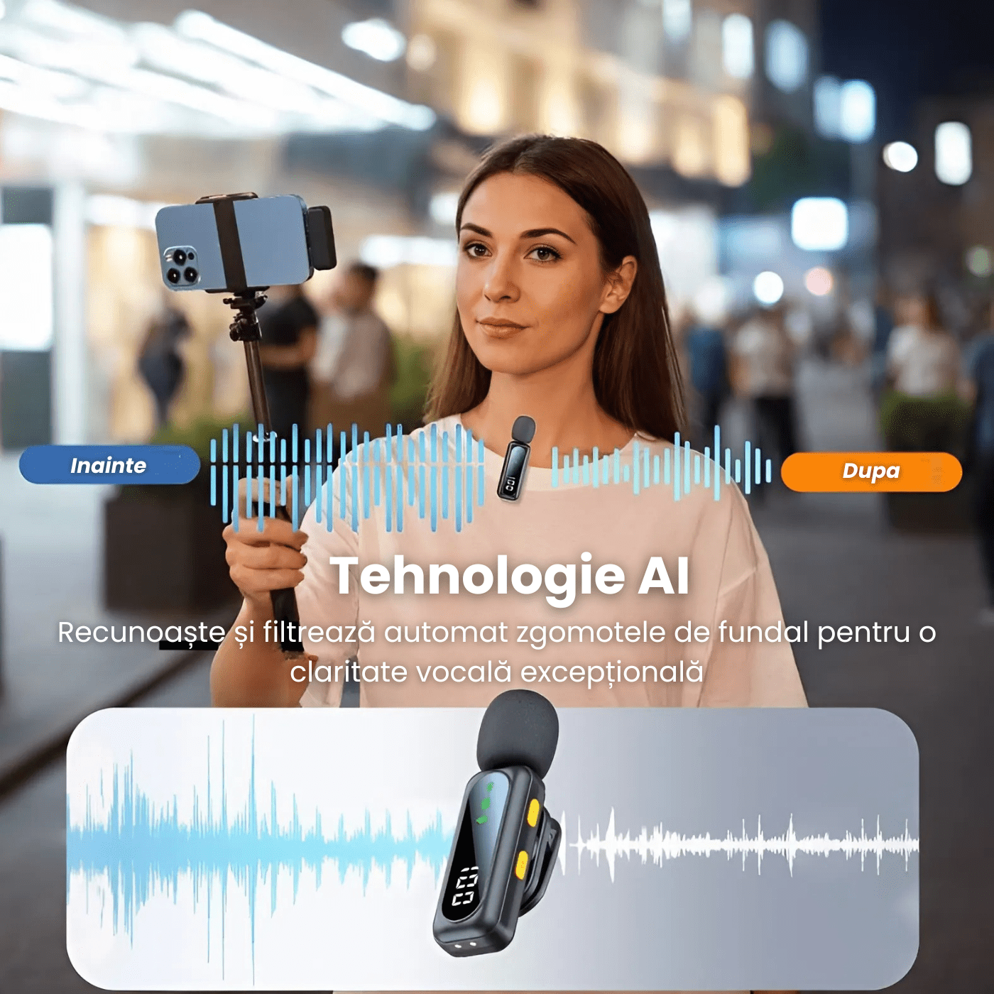 Set 2 Microfoane Lavaliera Wireless HASEPE cu Afisaj Digital, Anulare Zgomot 360, Raza 30m, 4 Moduri Sunet, Compatibile iPhone, Android, PC, iPad, Tableta, Autonomie 14h - HASEPE