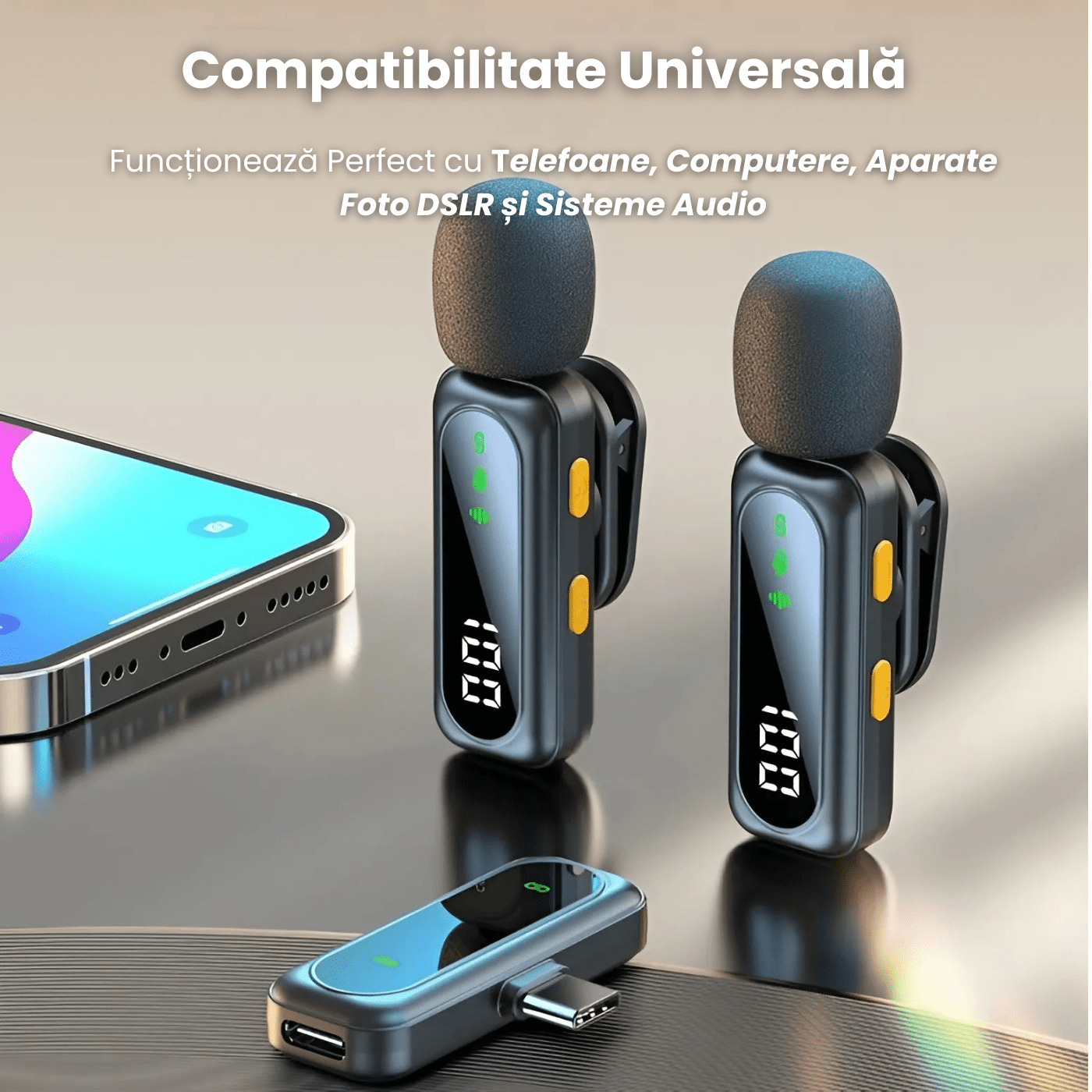 Set 2 Microfoane Lavaliera Wireless HASEPE cu Afisaj Digital, Anulare Zgomot 360, Raza 30m, 4 Moduri Sunet, Compatibile iPhone, Android, PC, iPad, Tableta, Autonomie 14h - HASEPE