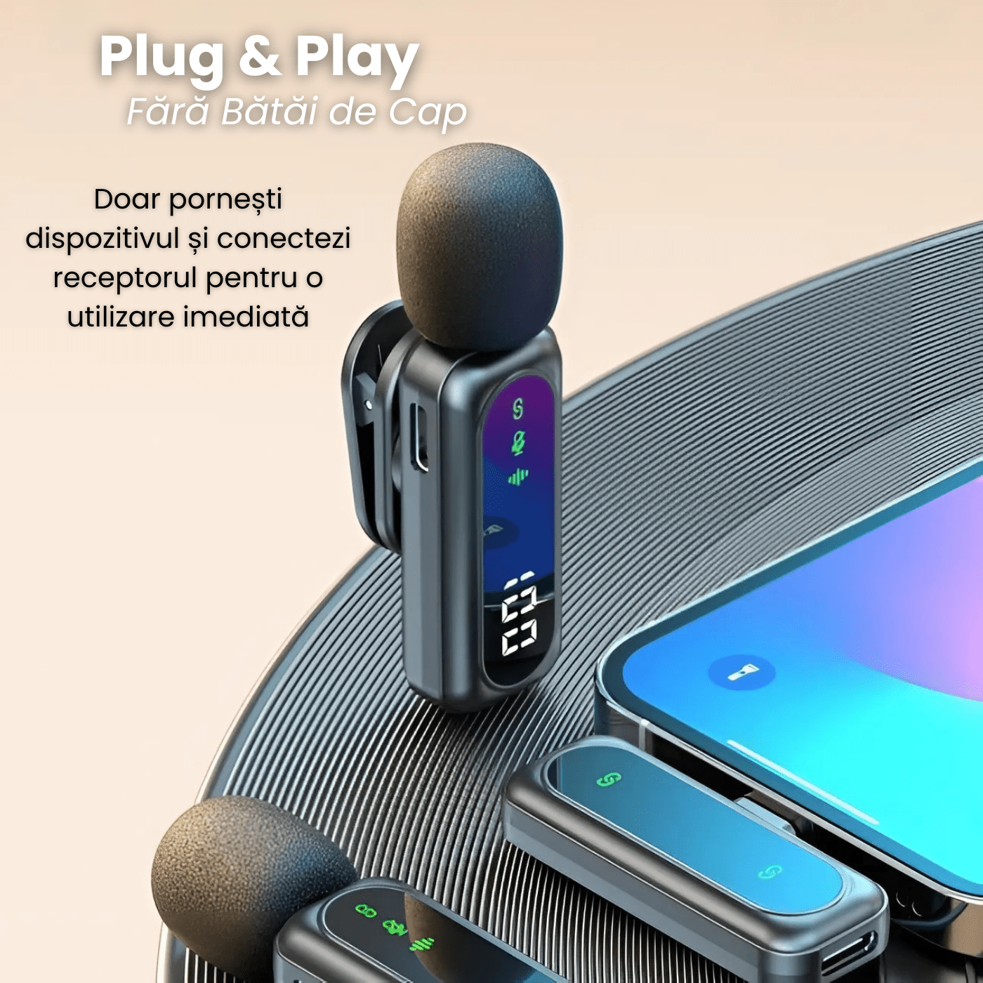 Set 2 Microfoane Lavaliera Wireless HASEPE cu Afisaj Digital, Anulare Zgomot 360, Raza 30m, 4 Moduri Sunet, Compatibile iPhone, Android, PC, iPad, Tableta, Autonomie 14h - HASEPE