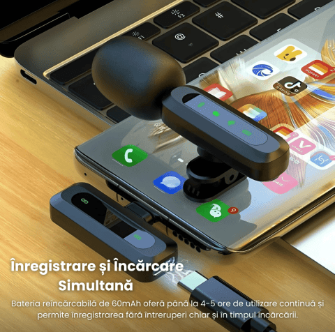 Set 2 Microfoane Lavaliera Wireless USB - C HASEPE, Anulare Zgomot, Compatibile Android, iPhone, Tableta, PC, Plug & Play, Autonomie 12H, Ideale pentru Vlog, TikTok, YouTube, Podcast - HASEPE
