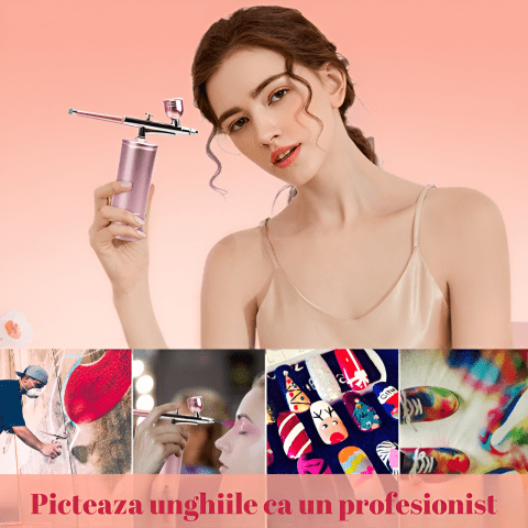 Set Aerograf Airbrush Portabil cu Compresor HASEPE, Fara Fir, Duza 0.3mm, Reincarcabil USB, pentru Manichiura, Pictura, Tatuaje, Ornare Torturi, Roz - HASEPE