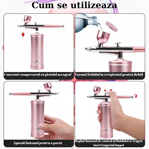 Set Aerograf Airbrush Portabil cu Compresor HASEPE, Fara Fir, Duza 0.3mm, Reincarcabil USB, pentru Manichiura, Pictura, Tatuaje, Ornare Torturi, Roz - HASEPE