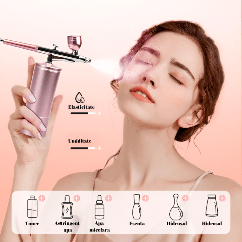 Set Aerograf Airbrush Portabil cu Compresor HASEPE, Fara Fir, Duza 0.3mm, Reincarcabil USB, pentru Manichiura, Pictura, Tatuaje, Ornare Torturi, Roz - HASEPE