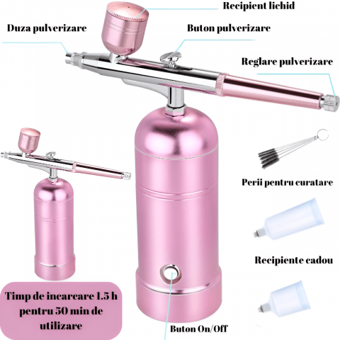 Set Aerograf Airbrush Portabil cu Compresor HASEPE, Fara Fir, Duza 0.3mm, Reincarcabil USB, pentru Manichiura, Pictura, Tatuaje, Ornare Torturi, Roz - HASEPE
