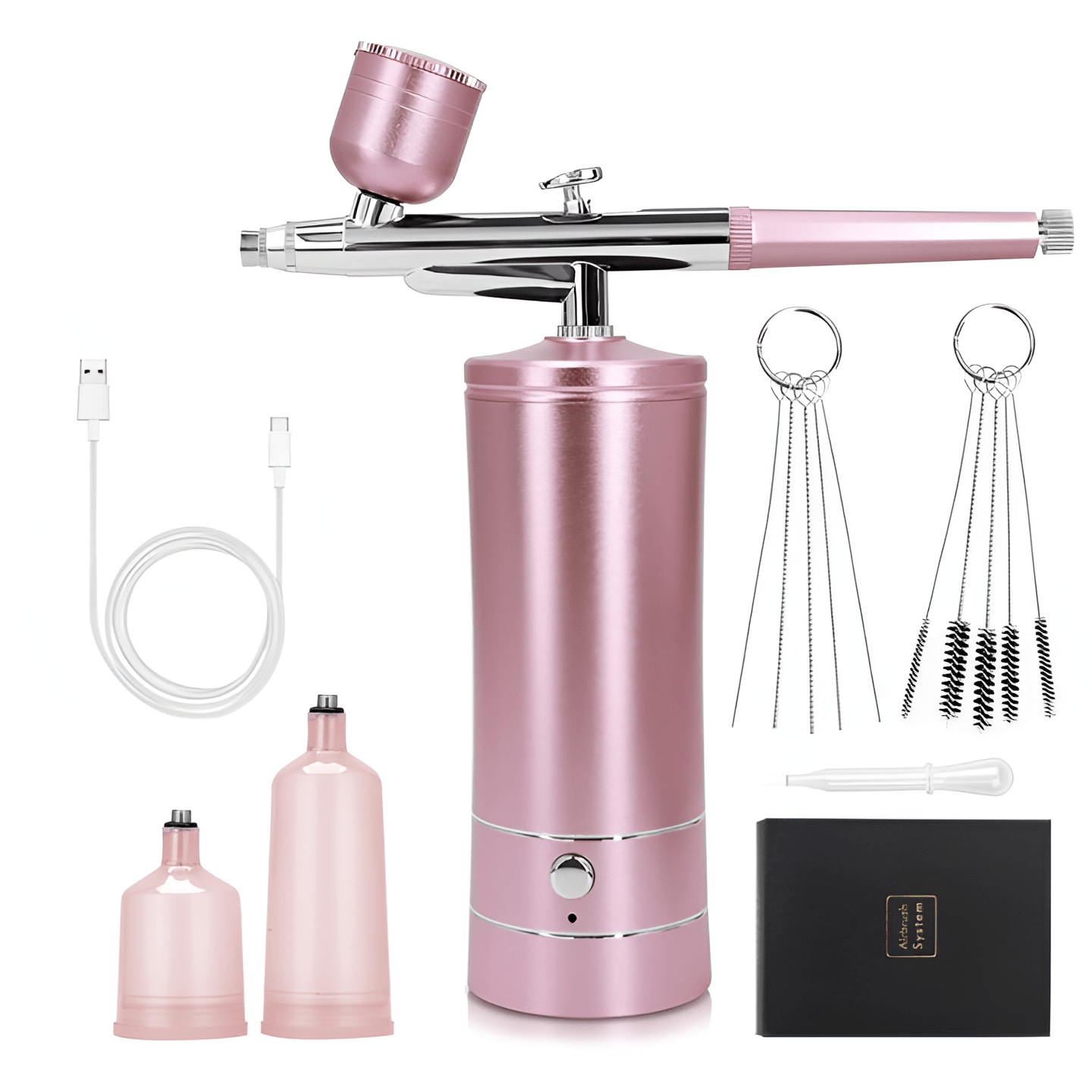 Set Aerograf Airbrush Portabil cu Compresor HASEPE, Fara Fir, Duza 0.3mm, Reincarcabil USB, pentru Manichiura, Pictura, Tatuaje, Ornare Torturi, Roz - HASEPE