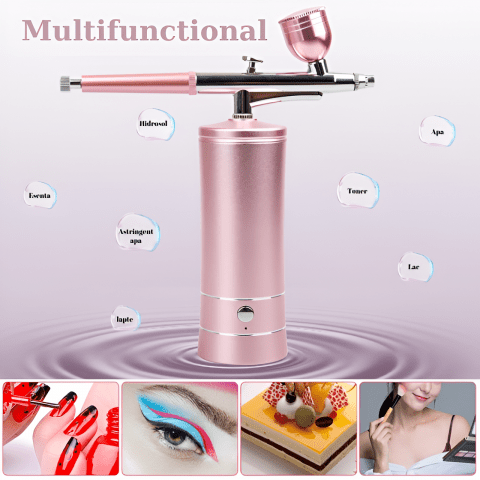 Set Aerograf Airbrush Portabil cu Compresor HASEPE, Fara Fir, Duza 0.3mm, Reincarcabil USB, pentru Manichiura, Pictura, Tatuaje, Ornare Torturi, Roz - HASEPE