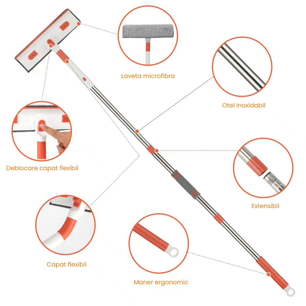 Stergator Geamuri Telescopic Multifunctional HASEPE, Maner Extensibil 29–226 cm, Racleta Cauciuc, 2 Lavete Microfibra, Curatare Geamuri, Gresie, Faianta, Podea, Gri