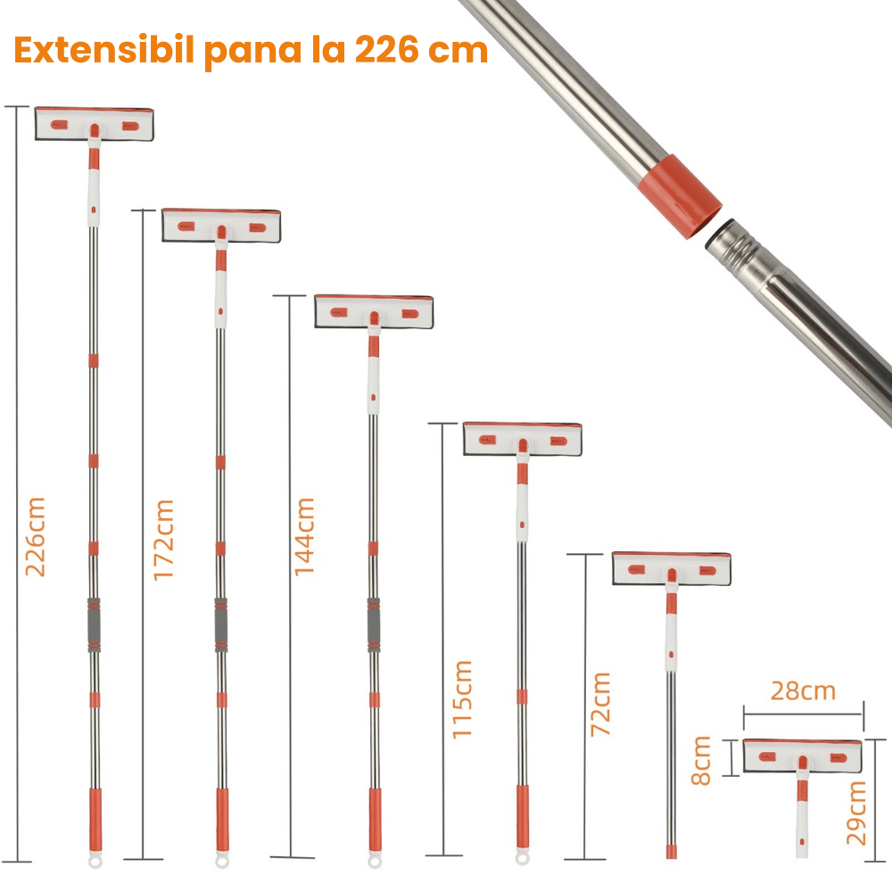 Stergator Geamuri Telescopic Multifunctional HASEPE, Maner Extensibil 29–226 cm, Racleta Cauciuc, 2 Lavete Microfibra, Curatare Geamuri, Gresie, Faianta, Podea, Gri - HASEPE
