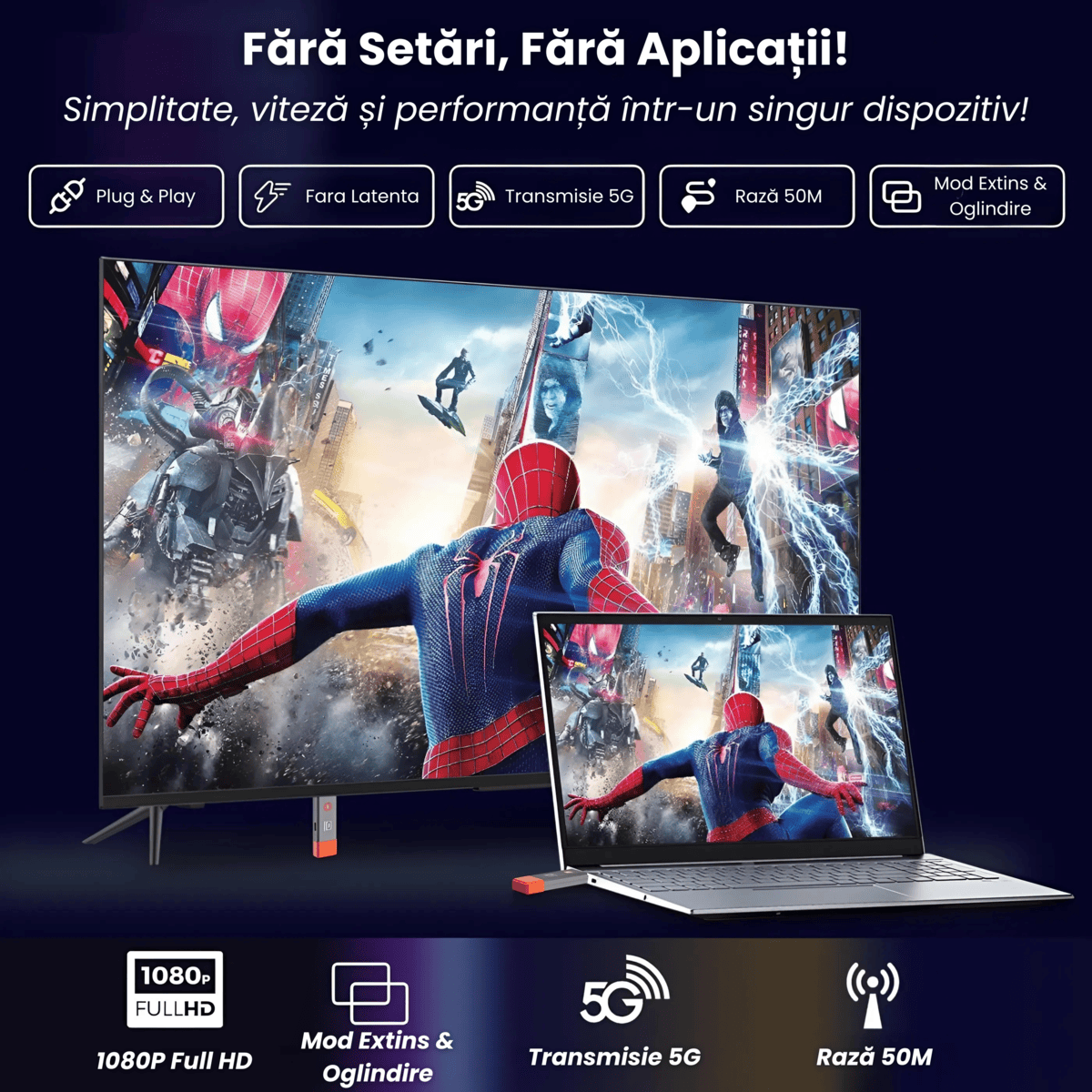 Transmițător și Receptor HDMI Wireless HASEPE, Extender HDMI Full HD 1080P, Plug & Play, Rază 50m, Conexiune 5.8G Stabilă, Compatibil Laptop, PC, TV, Proiector, Consolă Gaming