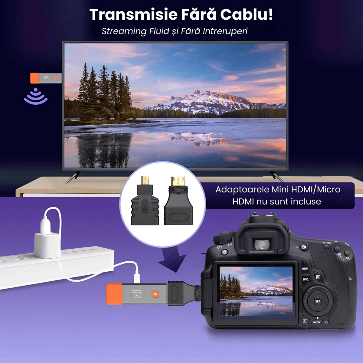 Transmițător și Receptor HDMI Wireless HASEPE, Extender HDMI Full HD 1080P, Plug & Play, Rază 50m, Conexiune 5.8G Stabilă, Compatibil Laptop, PC, TV, Proiector, Consolă Gaming - HASEPE
